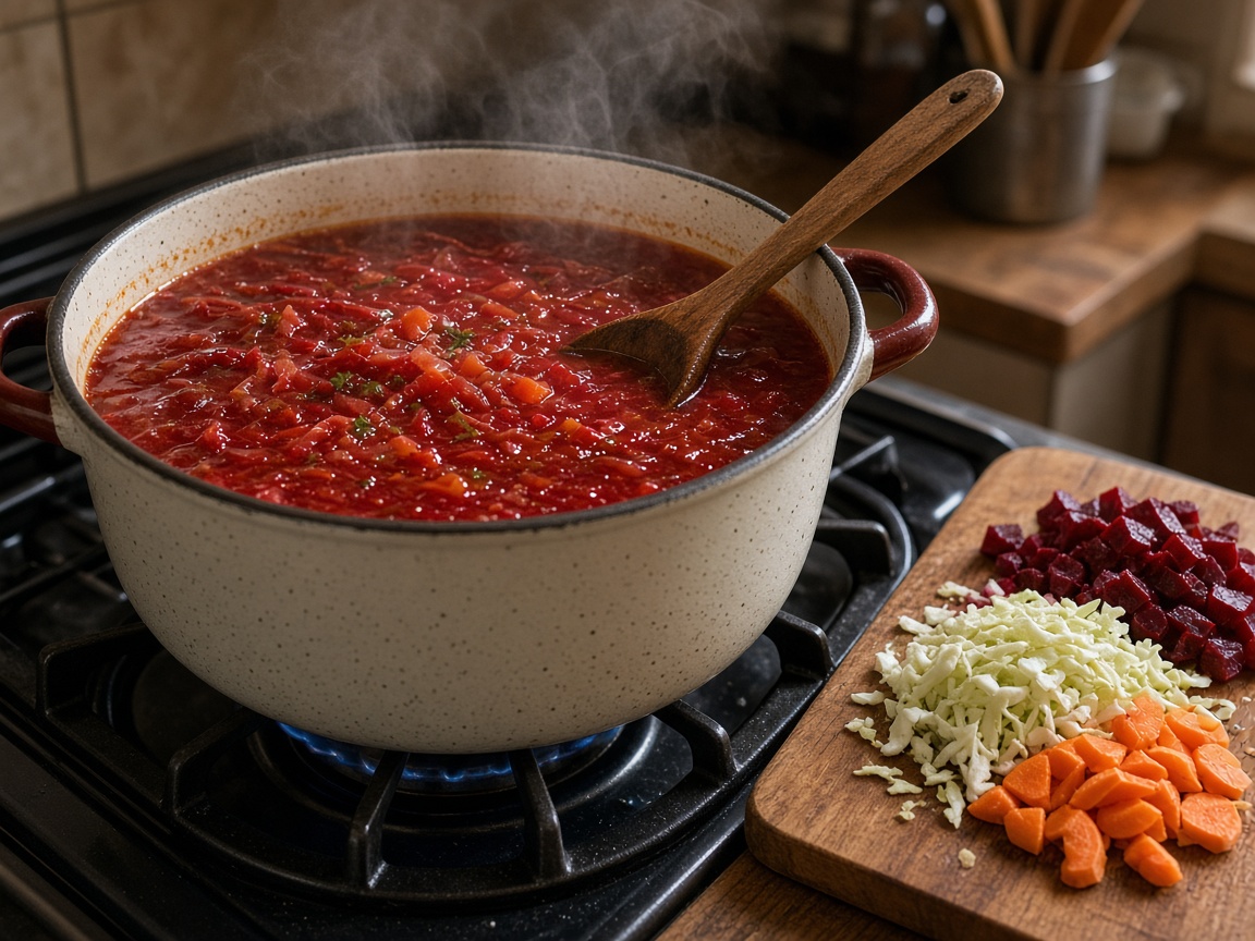 Кастрюля с борщом на плите